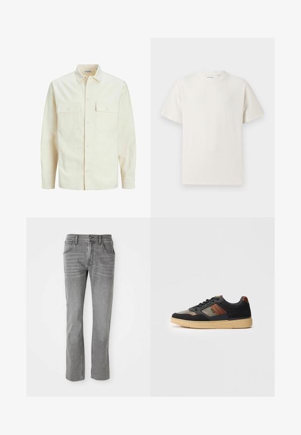 Kergedbež pika-särk pikkade varrukatega, krae ja kahe eespool asuva taskuga, nööpidega kinnitamine ja reljeefne materjal.; Valge lühikeste varrukatega T-särk ribakudumises. Ümar kaelus, mugav lõige, nähtavad mustrid ega aksessuaarid puuduvad. Lihtne ja mitmekesine disain.; Halli teksased teksad otse lõikega, viis taskut ja õrn fade. Omab metallist nuppe ja vöökohandusi.; Mustad ja pruunid madalad spordijalatsid beeži tallaga, paeltega ja külgmise brändimisega, valgel taustal.