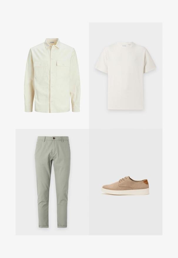 Kergedbež pika-särk pikkade varrukatega, krae ja kahe eespool asuva taskuga, nööpidega kinnitamine ja reljeefne materjal.; Valge lühikeste varrukatega T-särk ribakudumises. Ümar kaelus, mugav lõige, nähtavad mustrid ega aksessuaarid puuduvad. Lihtne ja mitmekesine disain.; Kohandatud rohelised chinos, mis on valmistatud kergest puuvillast. Omab nööpkinnitust, esimesi ja tagumisi taskuid ning kitsenevat säärepikkust.; Beežid nahast tossud ümarate varvastega, paeltega esiosa ja tekstuuriga tagakontuuriga. Valge kummist tallapakkumine loob kontrasti. Lihtne ja kaasaegne disain.