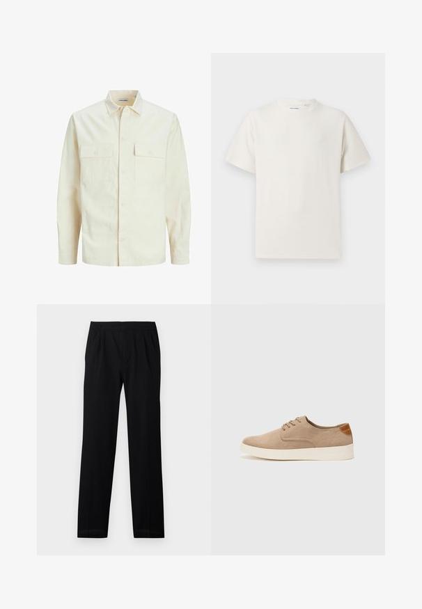 Világos bézs színű, hosszú ujjú ing, galléros nyakkal, két elülső zsebbel, gombos záródással és struktúrált anyaggal.; Fehér, rövid ujjú póló bordázott textúrával. Kerek nyakkivágás, laza szabás, nincs látható minta vagy díszítés. Egyszerű és sokoldalú dizájn.; Fekete nadrág, elasztikus derékkal, egyenes lábakkal és finom redőzéssel. Simító textúra és könnyű anyag. Nincsenek látható minták.; Beige velúr sportcipő, kerek orral, fűzős elülső résszel és textúrált hátsó részlettel. Fehér gumitalp kontrasztot ad. Egyszerű és modern design.