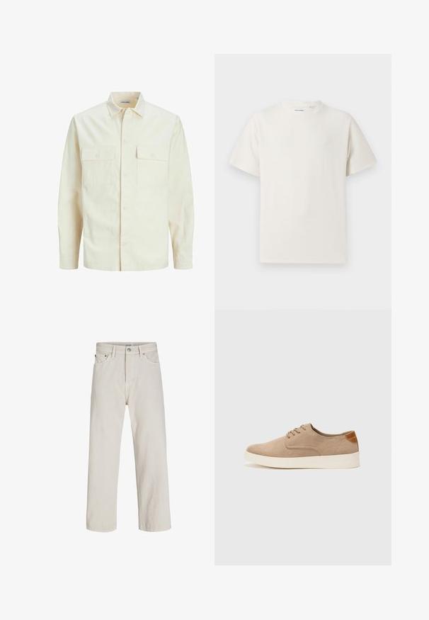 Vaaleanbeige pitkähihaisen paidan, jossa on kaulukset, kaksi etutaskua, nappikiinnitys ja tekstiilissä on tekstuuria.; Valkoinen lyhythihainen T-paita ribbikuviossa. Pyöreä kaula-aukko, rento istuvuus, ei näkyviä kuvioita tai yksityiskohtia. Yksinkertainen ja monikäyttöinen muotoilu.; Vaalean beige farkut suorella leikkauksella, joissa on etutaskut, napitus ja hennot ompelu yksityiskohdat.; Beige nubuck-lenkkarit, joissa on pyöreä kärki, nauhakiinnitys ja teksturoitu takaosa. Valkoinen kumipohja tuo kontrastia. Yksinkertainen ja moderni muotoilu.