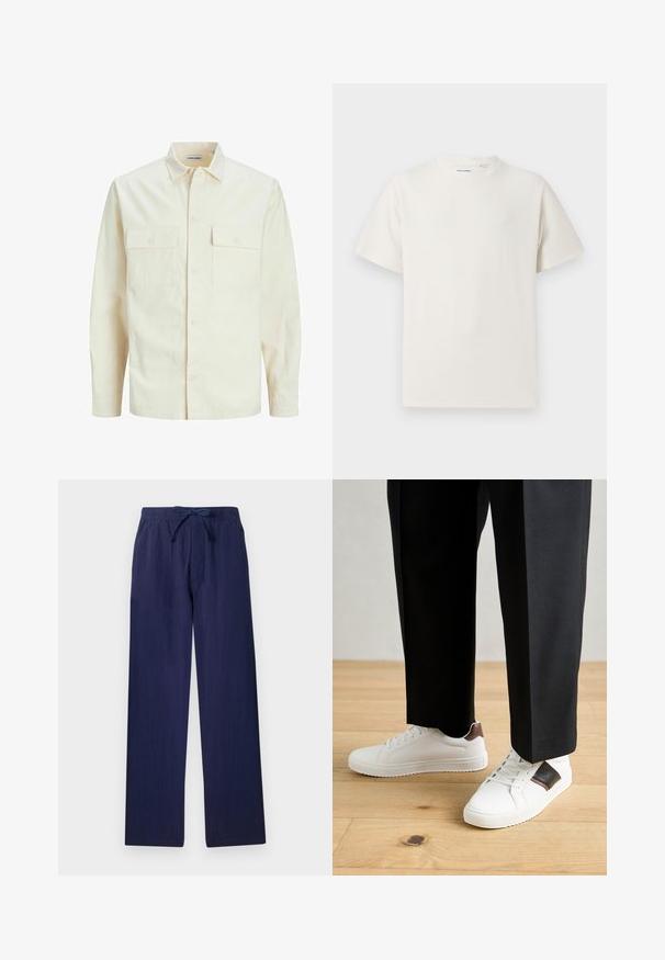 Chemise longue à manches longues beige clair avec un col, deux poches frontales, fermeture à boutons et un tissu texturé.; T-shirt blanc à manches courtes en texture côtelée. Encolure ronde, coupe décontractée, sans motifs ni accents visibles. Design simple et polyvalent.; Pantalons larges bleu marine fabriqués en tissu léger. Dotés d'une taille élastique avec cordon de serrage et de poches latérales. Texture lisse.; Des sneakers blanches au texture lisse, avec des accents en cuir marron et des détails noirs, assorties à un pantalon noir ajusté. Fond en parquet.