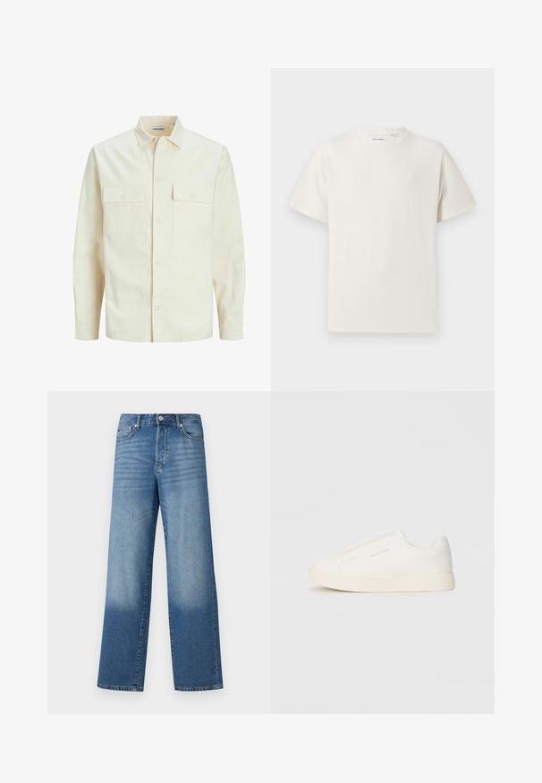 Chemise longue à manches longues beige clair avec un col, deux poches frontales, fermeture à boutons et un tissu texturé.; T-shirt blanc à manches courtes en texture côtelée. Encolure ronde, coupe décontractée, sans motifs ni accents visibles. Design simple et polyvalent.; Jean droit taille haute bleu avec des dégradés au niveau des cuisses et une teinte plus foncée près des ourlets, avec un bouton avant et des poches visibles.; Baskets blanches sans lacets avec une surface texturée, une semelle épaisse et un design minimaliste. Présente le logo de la marque sur le côté.