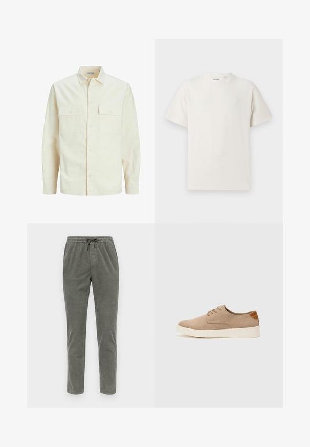 Lys beige langærmet skjorte med krave, to forlommer, knaplukning og et tekstureret stof.; Hvid kortærmet T-shirt i ribbet tekstur. Rund halsudskæring, løs pasform, ingen synlige mønstre eller accenter. Enkel og alsidig design.; Olivenfarvede cordsbukser med elastisk talje og snor, lige ben og et struktureret stofmønster.; Beige ruskinds sneakers med rund tå, snørebånd foran og en struktureret rygdetalje. Hvid gummisål giver kontrast. Enkel og moderne design.