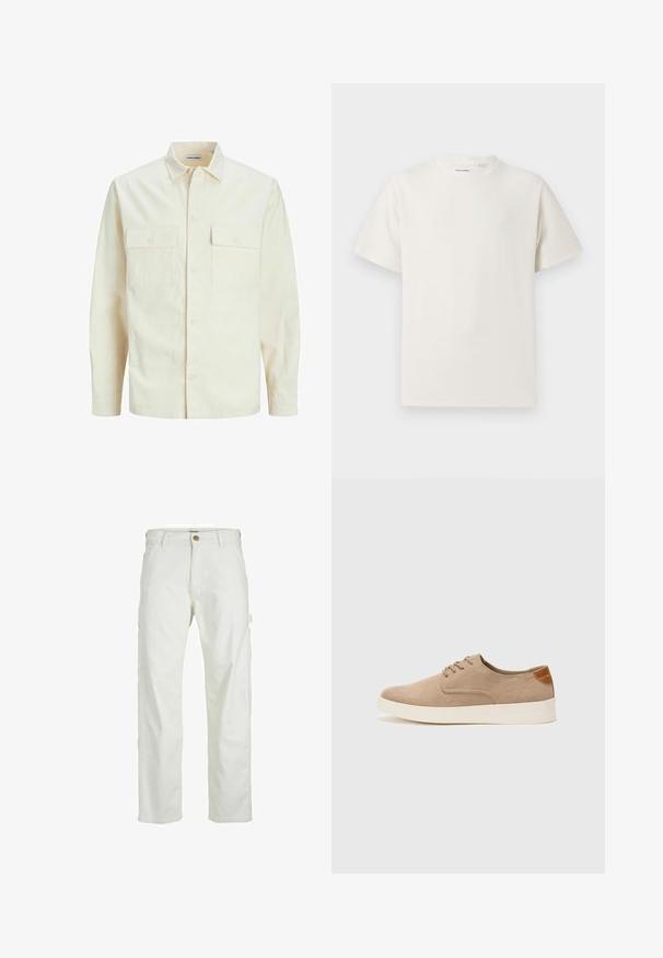 Camisa de manga larga color beige claro con cuello, dos bolsillos frontales, cierre de botones y una tela texturizada.; Camiseta blanca de manga corta en textura acanalada. Cuello redondo, corte relajado, sin patrones ni acentos visibles. Diseño simple y versátil.; Pantalones cargo blancos con un corte relajado, cierre frontal de botón y múltiples bolsillos en los laterales, fabricados con un material de algodón duradero.; Zapatillas de ante beige con puntera redondeada, cordones en la parte delantera y un acento texturizado en la parte trasera. La suela de goma blanca proporciona contraste. Diseño sencillo y moderno.