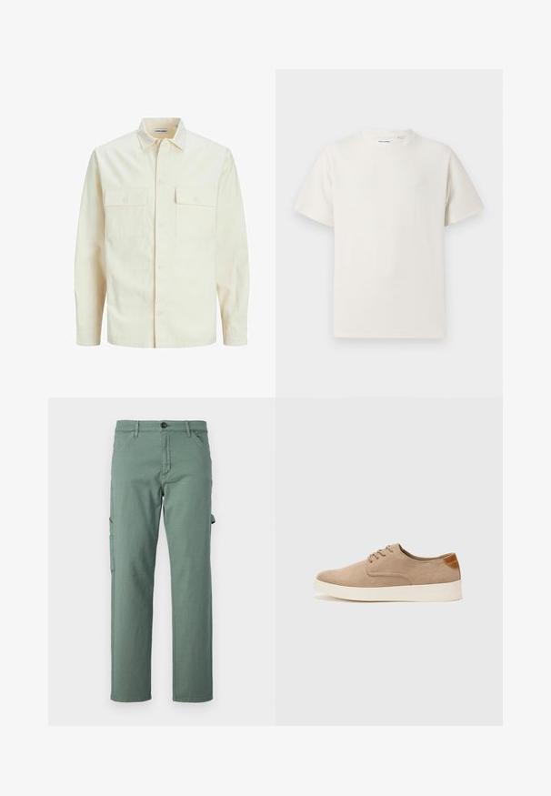 Jasno beżowa koszula z długim rękawem, z kołnierzykiem, dwoma kieszeniami z przodu, zapięciem na guziki i teksturowanym materiałem.; Biała krótka koszulka z krótkim rękawem o żebrowanej fakturze. Okrągły dekolt, luźny krój, brak widocznych wzorów lub akcentów. Prosty i uniwersalny design.; Zielone spodnie cargo wykonane z trwałego materiału, z prostym krojem nogawek, bocznymi kieszeniami i zapięciem na guzik. Gładka faktura i minimalistyczny styl.; Beżowe zamszowe sneakersy z okrągłym noskiem, sznurowanym przodem i teksturowanym akcentem na tyle. Biała gumowa podeszwa tworzy kontrast. Prosty i nowoczesny design.