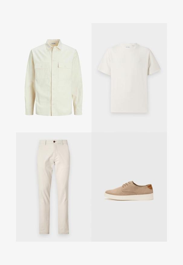 Camicia beige chiaro a maniche lunghe con colletto, due tasche frontali, chiusura a bottoni e un tessuto texturizzato.; T-shirt bianca a maniche corte in texture a coste. Girocollo, vestibilità rilassata, senza modelli o accenti visibili. Design semplice e versatile.; Pantaloni in cotone beige con una vestibilità slim, tasche frontali e una chiusura con un singolo bottone marrone in vita. Texture liscia.; Sneaker in suede beige con punta arrotondata, stringhe davanti e un accento testurizzato sul retro. La suola in gomma bianca offre un contrasto. Design semplice e moderno.