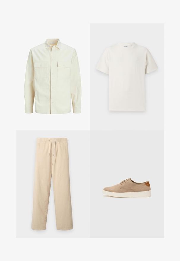 Kergedbež pika-särk pikkade varrukatega, krae ja kahe eespool asuva taskuga, nööpidega kinnitamine ja reljeefne materjal.; Valge lühikeste varrukatega T-särk ribakudumises. Ümar kaelus, mugav lõige, nähtavad mustrid ega aksessuaarid puuduvad. Lihtne ja mitmekesine disain.; Beezhivad corduroy püksid, millel on elastne vöökoht ja nöör, laiad sääred ja vertikaalne ribakujundus.; Beežid nahast tossud ümarate varvastega, paeltega esiosa ja tekstuuriga tagakontuuriga. Valge kummist tallapakkumine loob kontrasti. Lihtne ja kaasaegne disain.