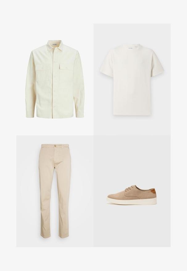 Světle béžová košile s dlouhým rukávem, límečkem, dvěma předními kapsami, zapínáním na knoflíky a strukturovanou tkaninou.; Bílý krátký rukáv tričko s pružnou strukturou. Kulatý výstřih, volný střih, bez viditelných vzorů nebo detailů. Jednoduchý a univerzální design.; Béžové bavlněné chinos s rovnými nohavicemi, s knoflíkovým uzávěrem a jemnou texturou. Bez viditelných vzorů nebo akcentů.; Béžové semišové tenisky s kulatou špičkou, šněrováním vpředu a texturovaným zadním akcentem. Bílá gumová podrážka poskytuje kontrast. Jednoduchý a moderní design.