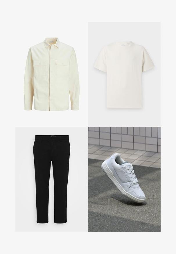 Svetlo bež srajca z dolgimi rokavi, ovratnim izrezom, dvema sprednjima žepoma, zapenjanjem na gumbe in teksturirano tkanino.; Bela majica s kratkimi rokavi iz rebraste tkanine. Okrogli izrez, sproščen kroj, brez vidnih vzorcev ali naglasov. Preprosta in vsestranska zasnova.; Črne bombažne hlače s ravnim krojem, sprednjimi žepi, zapenjanjem na gumb in čisto, gladko teksturo. Brez vidnih vzorcev ali okrasnih elementov.; Bela usnjena superga s perforiranimi stranicami, teksturiranimi detajli, ravnimi vezalkami in kontrastno sivo peto. Ima rahlo dvignjen podplat.