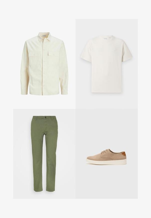 Gai bēšs garām piedurknēm krekls ar apkakles izgriezumu, divām priekšējām kabatām, pogu aizdari un teksturētu audumu.; Balta krūštura īsām piedurknēm ar ribota auduma faktūru. Apaļš kakla izgriezums, brīvs griezums, bez redzamām rakstām vai akcentiem. Vienkāršs un daudzpusīgs dizains.; Haki zaļas bikses ar gludu tekstūru, ar pogu aizdari un piecām kabatām, izstrādātas taisna griezuma stilā.; Beige zamšādas kedas ar noapaļotu purngala daļu, auklēm saplacinātu priekšpusi un teksturētu aizmugures akcentu. Balta gumijas zole nodrošina kontrastu. Vienkāršs un mūsdienīgs dizains.