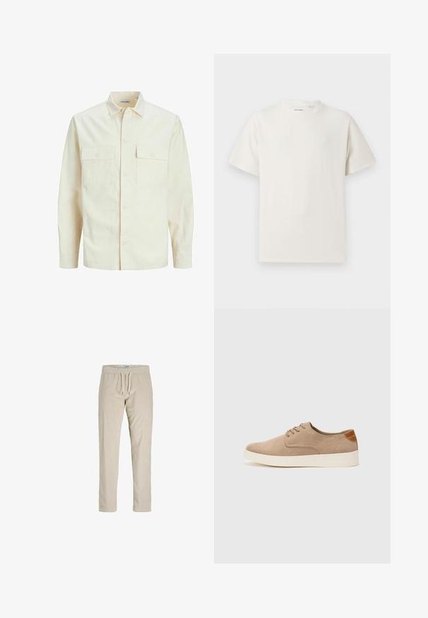 Light beige long-sleeve shirt with a collared neckline, two front pockets, button closure, and a textured fabric.; White short-sleeve T-shirt in a ribbed texture. Round neckline, relaxed fit, no visible patterns or accents. Simple and versatile design.; Beige corduroy pants with a drawstring waist, straight legs, and vertical ribbed texture. No pockets or additional embellishments.; Beige suede sneakers with a rounded toe, lace-up front, and a textured back accent. White rubber sole provides contrast. Simple and modern design.