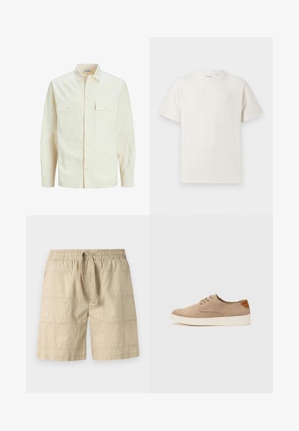 Light beige long-sleeve shirt with a collared neckline, two front pockets, button closure, and a textured fabric.; White short-sleeve T-shirt in a ribbed texture. Round neckline, relaxed fit, no visible patterns or accents. Simple and versatile design.; Beige shorts made of lightweight fabric with an elastic waistband and drawstring, featuring a subtle grid pattern and straight cut.; Beige suede sneakers with a rounded toe, lace-up front, and a textured back accent. White rubber sole provides contrast. Simple and modern design.