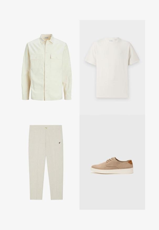 Jasno beżowa koszula z długim rękawem, z kołnierzykiem, dwoma kieszeniami z przodu, zapięciem na guziki i teksturowanym materiałem.; Biała krótka koszulka z krótkim rękawem o żebrowanej fakturze. Okrągły dekolt, luźny krój, brak widocznych wzorów lub akcentów. Prosty i uniwersalny design.; Jasno beżowe spodnie fasonowane z subtelną teksturą, z zapięciem na guzik i haftowanym ciemnym emblematem w pobliżu kieszeni.; Beżowe zamszowe sneakersy z okrągłym noskiem, sznurowanym przodem i teksturowanym akcentem na tyle. Biała gumowa podeszwa tworzy kontrast. Prosty i nowoczesny design.