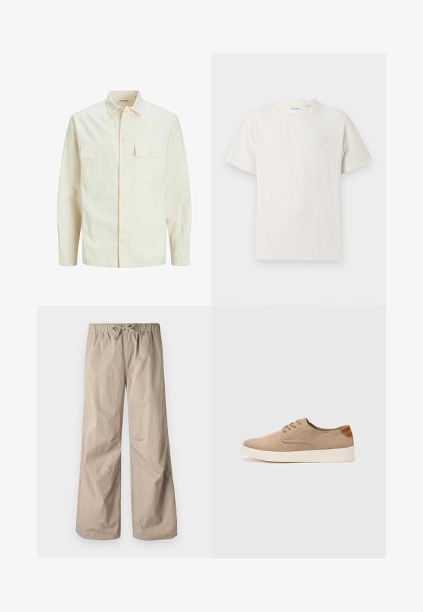 Camisa de manga larga color beige claro con cuello, dos bolsillos frontales, cierre de botones y una tela texturizada.; Camiseta blanca de manga corta en textura acanalada. Cuello redondo, corte relajado, sin patrones ni acentos visibles. Diseño simple y versátil.; Pantalones beige de pierna ancha con cintura elástica y cordón. Textura suave, dos bolsillos laterales y costuras mínimas para un ajuste relajado.; Zapatillas de ante beige con puntera redondeada, cordones en la parte delantera y un acento texturizado en la parte trasera. La suela de goma blanca proporciona contraste. Diseño sencillo y moderno.