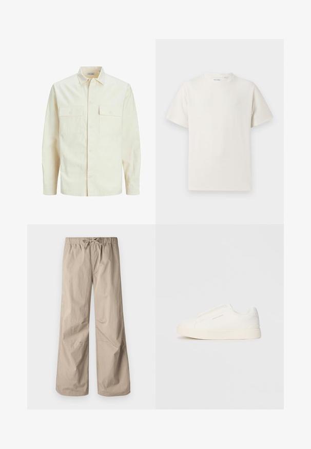 Gai bēšs garām piedurknēm krekls ar apkakles izgriezumu, divām priekšējām kabatām, pogu aizdari un teksturētu audumu.; Balta krūštura īsām piedurknēm ar ribota auduma faktūru. Apaļš kakla izgriezums, brīvs griezums, bez redzamām rakstām vai akcentiem. Vienkāršs un daudzpusīgs dizains.; Bežīgas platās bikses ar elastīgu jostu un saiti. Gluda tekstūra, divas sānu kabatas un minimāli šuvi brīvai piegriezumam.; Baltas slip-on sporta apavi ar teksturētu virsmu, biezu zoli un minimālistisku dizainu. Sānos redzams zīmola logotips.