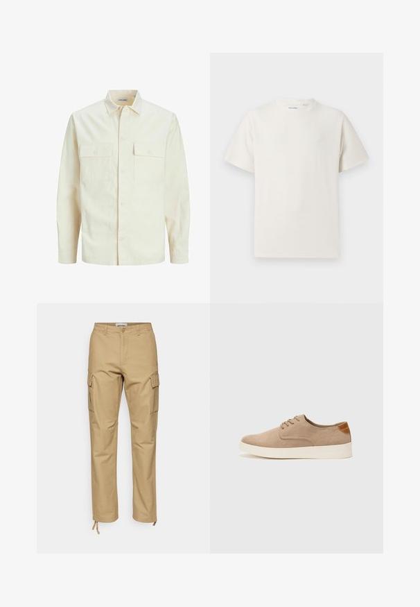 Világos bézs színű, hosszú ujjú ing, galléros nyakkal, két elülső zsebbel, gombos záródással és struktúrált anyaggal.; Fehér, rövid ujjú póló bordázott textúrával. Kerek nyakkivágás, laza szabás, nincs látható minta vagy díszítés. Egyszerű és sokoldalú dizájn.; Khaaki színű cargo nadrág, egyenes fazonban, pamutból készült. Jellemzői közé tartozik az oldalsó zsebek, gombos záródás és állítható bokakötők.; Beige velúr sportcipő, kerek orral, fűzős elülső résszel és textúrált hátsó részlettel. Fehér gumitalp kontrasztot ad. Egyszerű és modern design.