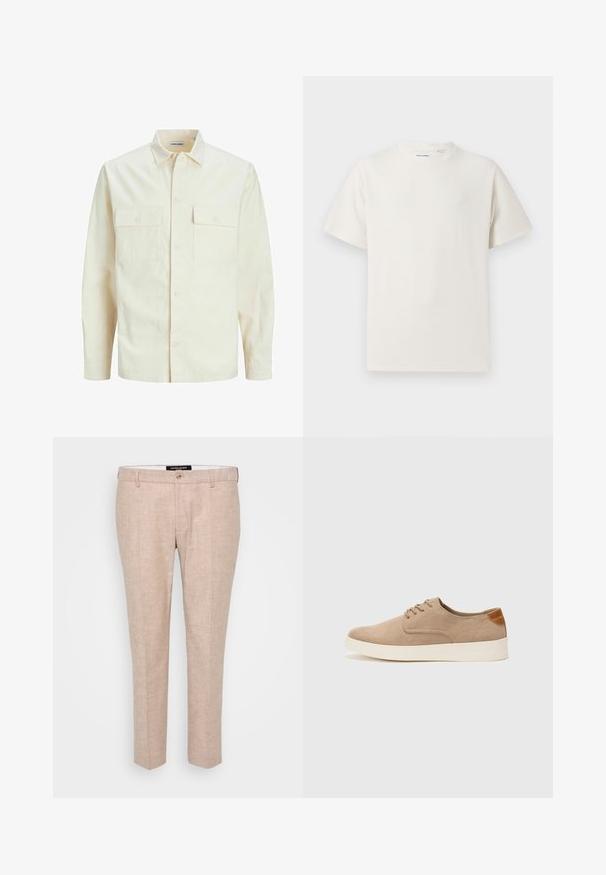 Šviesiai smėlio spalvos ilgomis rankovėmis marškiniai su apykakle, dviem priekinėmis kišenėmis, mygtukų uždarymu ir tekstūruota medžiaga.; Balta trumpa rankovė T-polo marškinėlių su juostelėmis tekstūra. Apvalus iškirpimas, laisvas fasonas, jokių matomų raštų ar akcentų. Paprastas ir universalus dizainas.; Šviesiai smėlio spalvos kelnės, pagamintos iš lino mišinio, su plokščiu priekiu, diržo kilpomis ir vienu sagos uždarymu. Tiesus, pritaikytas siluetas.; Bežiniai zomšiniai sportbačiai su apvaliomis pirštų dalimis, raišteliais priekyje ir tekstūruotu užkulniu. Balta guma suteikia kontrastą. Paprastas ir modernus dizainas.