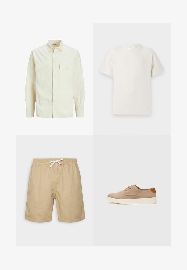 Hellbeige Langarmhemd mit klassischem Kragen, zwei Fronttaschen, Knopfverschluss und strukturiertem Stoff.; Weißes T-Shirt mit kurzen Ärmeln in gerippter Textur. Runder Ausschnitt, lockere Passform, keine sichtbaren Muster oder Akzente. Einfaches und vielseitiges Design.; Beige Baumwollshorts mit einem elastischen Bund, Kordelzug und zwei seitlichen Taschen. Glatte Textur, knielanges Design.; Beige Wildleder-Sneaker mit runder Zehenpartie, Schnürung und strukturiertem Rückenteil. Die weiße Gummisohle sorgt für einen Kontrast. Einfaches und modernes Design.