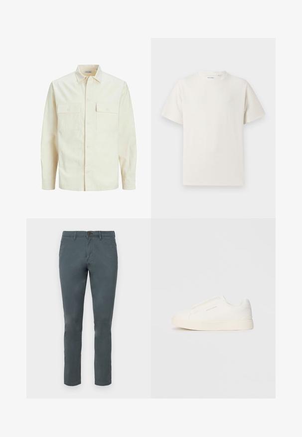 Chemise longue à manches longues beige clair avec un col, deux poches frontales, fermeture à boutons et un tissu texturé.; T-shirt blanc à manches courtes en texture côtelée. Encolure ronde, coupe décontractée, sans motifs ni accents visibles. Design simple et polyvalent.; Pantalons en mélange de coton gris avec une coupe slim, fermeture à bouton et deux poches avant. Texture lisse et design à jambe droite.; Baskets blanches sans lacets avec une surface texturée, une semelle épaisse et un design minimaliste. Présente le logo de la marque sur le côté.