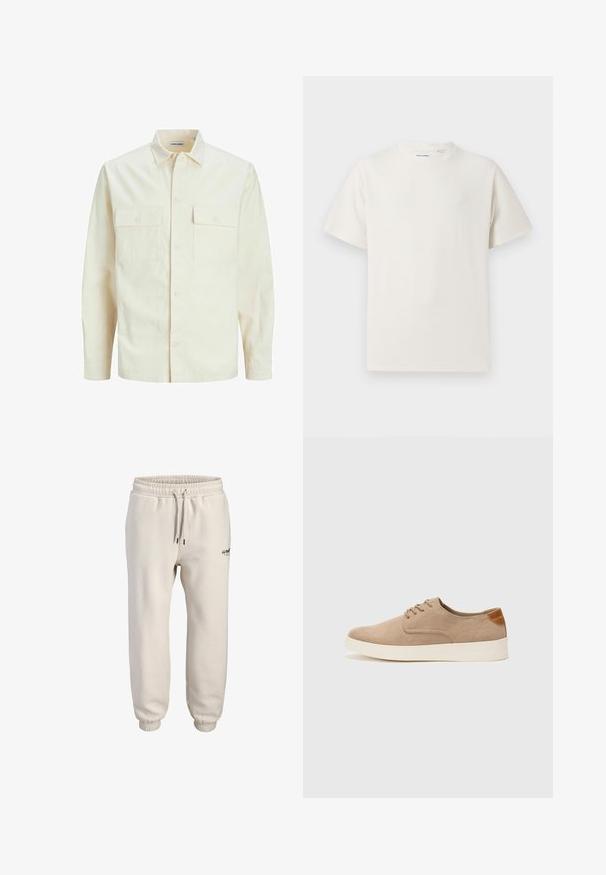Világos bézs színű, hosszú ujjú ing, galléros nyakkal, két elülső zsebbel, gombos záródással és struktúrált anyaggal.; Fehér, rövid ujjú póló bordázott textúrával. Kerek nyakkivágás, laza szabás, nincs látható minta vagy díszítés. Egyszerű és sokoldalú dizájn.; Világos bézs jogger nadrág, puha anyagból készült, rugalmas derékkal és zsinórral, tapered szárral. Kicsi logó részlet elöl.; Beige velúr sportcipő, kerek orral, fűzős elülső résszel és textúrált hátsó részlettel. Fehér gumitalp kontrasztot ad. Egyszerű és modern design.