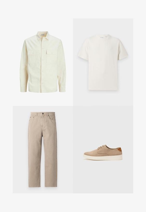 Jasno beżowa koszula z długim rękawem, z kołnierzykiem, dwoma kieszeniami z przodu, zapięciem na guziki i teksturowanym materiałem.; Biała krótka koszulka z krótkim rękawem o żebrowanej fakturze. Okrągły dekolt, luźny krój, brak widocznych wzorów lub akcentów. Prosty i uniwersalny design.; Beżowe spodnie bawełniane o prostej nogawce, z zapięciem na guziki, pięcioma kieszeniami i subtelnymi detalami szwów. Gładka faktura.; Beżowe zamszowe sneakersy z okrągłym noskiem, sznurowanym przodem i teksturowanym akcentem na tyle. Biała gumowa podeszwa tworzy kontrast. Prosty i nowoczesny design.