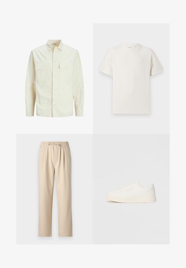 Camicia beige chiaro a maniche lunghe con colletto, due tasche frontali, chiusura a bottoni e un tessuto texturizzato.; T-shirt bianca a maniche corte in texture a coste. Girocollo, vestibilità rilassata, senza modelli o accenti visibili. Design semplice e versatile.; Pantaloni beige con cintura elastica e cordino, design a gamba dritta e tessuto morbido e liscio.; Sneakers bianchi slip-on con superficie texturizzata, suola spessa e design minimalista. Presentano il logo del marchio sul lato.