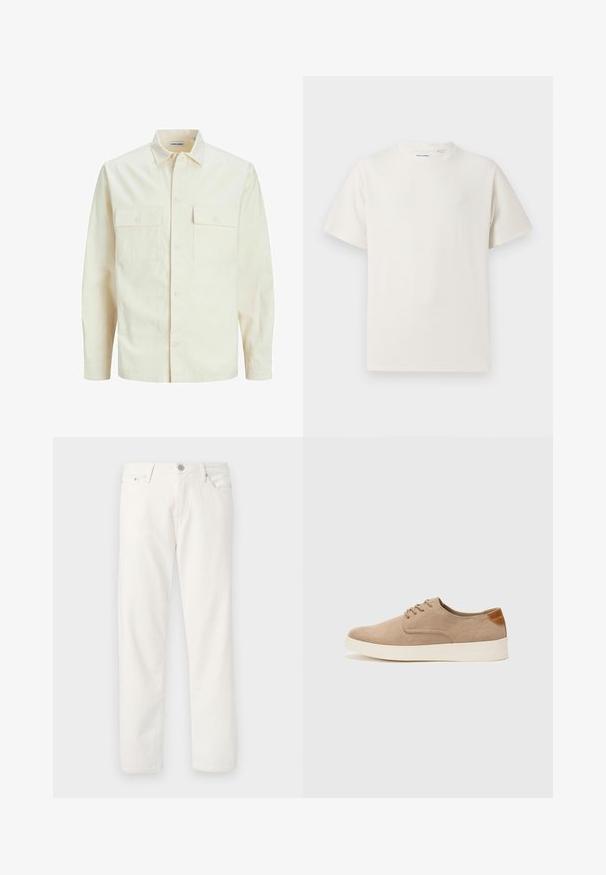 Cămașă lungă cu mâneci lungi de culoare bej deschis, cu guler, două buzunare frontale, închidere cu butoane și un material texturat.; Tricou alb cu maneci scurte, dintr-un material ribbed. Guler rotund, croi lejer, fără modele sau accente vizibile. Design simplu și versatil.; Jeanși din denim alb cu o croială dreaptă, design cu cinci buzunare, închidere cu fermoar și nasture și textură subtile. Dispune de curea și cusături în contrast.; Tenisi din suede bej cu vârf rotund, sistem de șireturi în față și un accent texturat în spate. Talpa albă din cauciuc oferă un contrast. Design simplu și modern.
