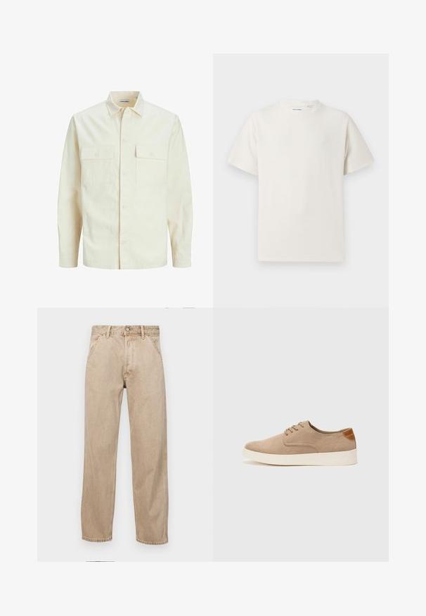 Svijetlo bež košulja dugih rukava s ovratnikom, dva prednja džepa, zatvaranje na dugmad i teksturirani materijal.; Bijela kratka majica s kratkim rukavima u rebrastoj teksturi. Okrugli izrez, ležeran kroj, bez vidljivih uzoraka ili akcenta. Jednostavan i svestran dizajn.; Bež teksas traperice ravnog kroja, s prednjim džepovima, metalnim zakopčavanjem i suptilnom teksturom.; Bež nubuk tenisice s okruglim vrhom, vezanjem sprijeda i teksturiranim stražnjim naglaskom. Bijela gumena potpetica pruža kontrast. Jednostavan i moderan dizajn.