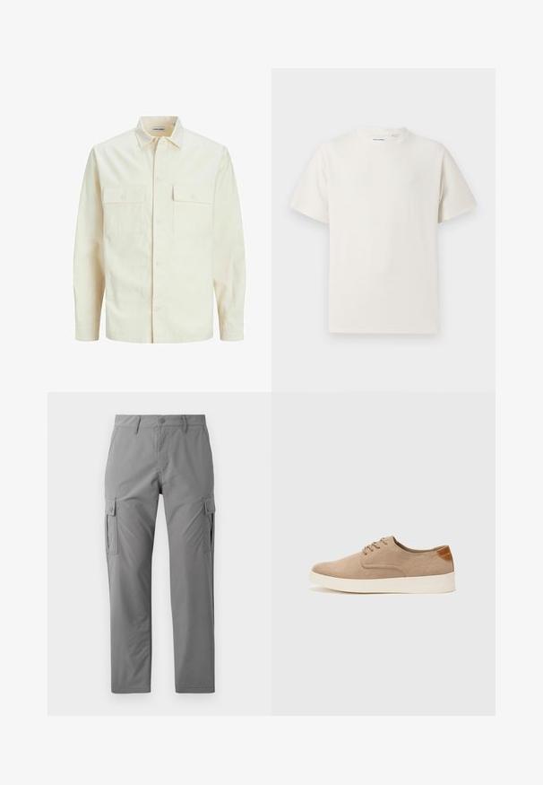 Lys beige langærmet skjorte med krave, to forlommer, knaplukning og et tekstureret stof.; Hvid kortærmet T-shirt i ribbet tekstur. Rund halsudskæring, løs pasform, ingen synlige mønstre eller accenter. Enkel og alsidig design.; Jack & Jones JPSTKARL KURTIS SNAP TECH - Cargobukser - castle rock; Beige ruskinds sneakers med rund tå, snørebånd foran og en struktureret rygdetalje. Hvid gummisål giver kontrast. Enkel og moderne design.