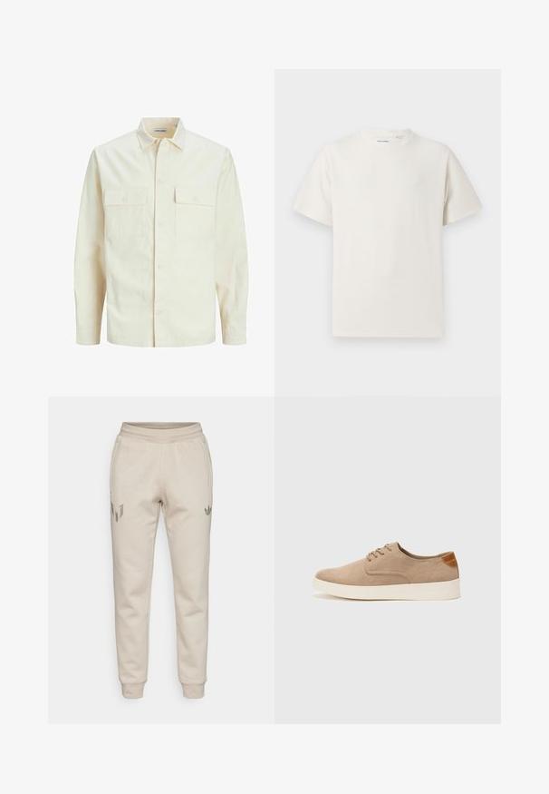 Hellbeige Langarmhemd mit klassischem Kragen, zwei Fronttaschen, Knopfverschluss und strukturiertem Stoff.; Weißes T-Shirt mit kurzen Ärmeln in gerippter Textur. Runder Ausschnitt, lockere Passform, keine sichtbaren Muster oder Akzente. Einfaches und vielseitiges Design.; Beige Jogginghosen mit einer strukturierten Oberfläche. Ausgestattet mit einem elastischen Bund und schmal zulaufenden Beinen. Auffällige Logos auf dem linken Oberschenkel und der rechten Tasche.; Beige Wildleder-Sneaker mit runder Zehenpartie, Schnürung und strukturiertem Rückenteil. Die weiße Gummisohle sorgt für einen Kontrast. Einfaches und modernes Design.