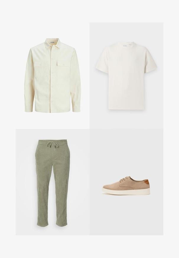 Lichtbeige langemouwen shirt met een kraaghalslijn, twee voorzakken, knoopsluiting en een gestructureerde stof.; Witte korte mouwen T-shirt met ribbelstructuur. Ronde hals, ontspannen pasvorm, geen zichtbare patronen of accenten. Eenvoudig en veelzijdig ontwerp.; Khaki corduroy broek met een elastische tailleband, verstelbaar koord en rechte pijpen. Beschikt over een uitgesproken ribbeltextuur. ; Beige suède sneakers met een ronde neus, vetersluiting aan de voorkant en een getextureerde achteraccent. De witte rubberen zool zorgt voor contrast. Eenvoudig en modern ontwerp.