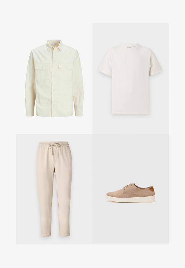 Vaaleanbeige pitkähihaisen paidan, jossa on kaulukset, kaksi etutaskua, nappikiinnitys ja tekstiilissä on tekstuuria.; Valkoinen lyhythihainen T-paita ribbikuviossa. Pyöreä kaula-aukko, rento istuvuus, ei näkyviä kuvioita tai yksityiskohtia. Yksinkertainen ja monikäyttöinen muotoilu.; Beige jogger-housut, joissa on joustava vyötärö ja nauhakuja, sivutaskut sekä kapenevat nilkat. Silkkinen pinta, rento muotoilu.; Beige nubuck-lenkkarit, joissa on pyöreä kärki, nauhakiinnitys ja teksturoitu takaosa. Valkoinen kumipohja tuo kontrastia. Yksinkertainen ja moderni muotoilu.