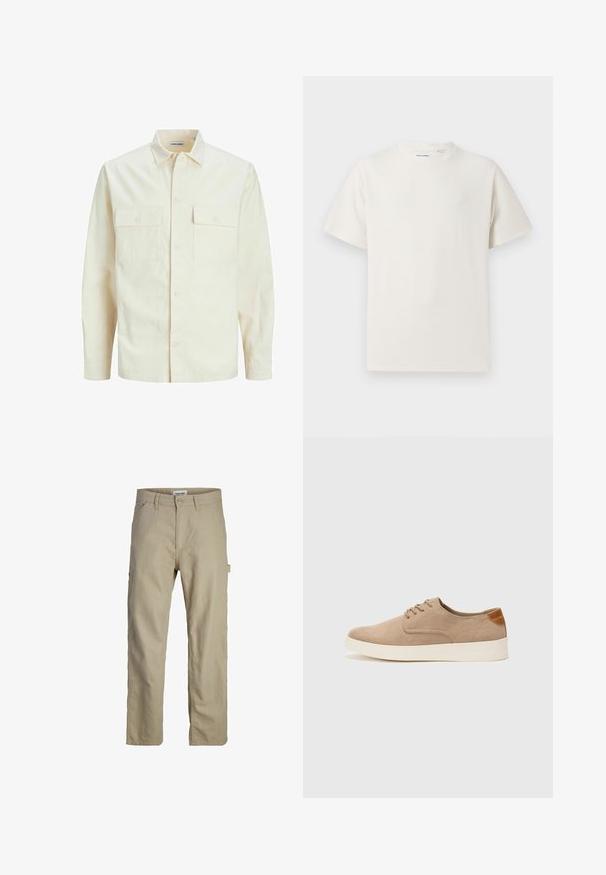 Lichtbeige langemouwen shirt met een kraaghalslijn, twee voorzakken, knoopsluiting en een gestructureerde stof.; Witte korte mouwen T-shirt met ribbelstructuur. Ronde hals, ontspannen pasvorm, geen zichtbare patronen of accenten. Eenvoudig en veelzijdig ontwerp.; Beige katoenen broek met een recht gesneden ontwerp, voorzien van een knoopsluiting aan de voorkant, riemlussen en een zijcargo-pocket. Soepele textuur.; Beige suède sneakers met een ronde neus, vetersluiting aan de voorkant en een getextureerde achteraccent. De witte rubberen zool zorgt voor contrast. Eenvoudig en modern ontwerp.