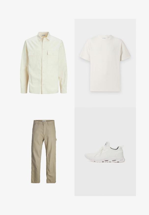 Hellbeige Langarmhemd mit klassischem Kragen, zwei Fronttaschen, Knopfverschluss und strukturiertem Stoff.; Weißes T-Shirt mit kurzen Ärmeln in gerippter Textur. Runder Ausschnitt, lockere Passform, keine sichtbaren Muster oder Akzente. Einfaches und vielseitiges Design.; Beige Baumwollhosen mit geradem Bein, ausgestattet mit einem vorderen Knopfverschluss, Gürtelschlaufen und einer seitlichen Cargo-Tasche. Glatte Textur.; Weiße Sportschuhe mit einem strukturierten Strickobermaterial, flachen Schnürsenkeln und einer gepolsterten Sohle mit sichtbaren Luftkammern für zusätzlichen Halt.