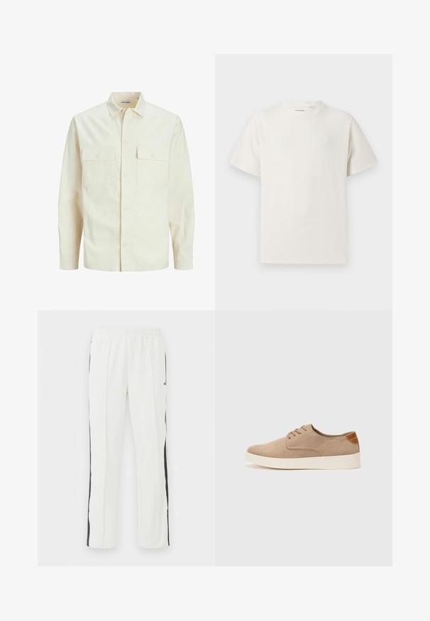 Hellbeige Langarmhemd mit klassischem Kragen, zwei Fronttaschen, Knopfverschluss und strukturiertem Stoff.; Weißes T-Shirt mit kurzen Ärmeln in gerippter Textur. Runder Ausschnitt, lockere Passform, keine sichtbaren Muster oder Akzente. Einfaches und vielseitiges Design.; Weiße Sporthose mit elastischem Bund, schwarzen Seitenstreifen, geradem Beinanschnitt und glatter Stoffstruktur.; Beige Wildleder-Sneaker mit runder Zehenpartie, Schnürung und strukturiertem Rückenteil. Die weiße Gummisohle sorgt für einen Kontrast. Einfaches und modernes Design.