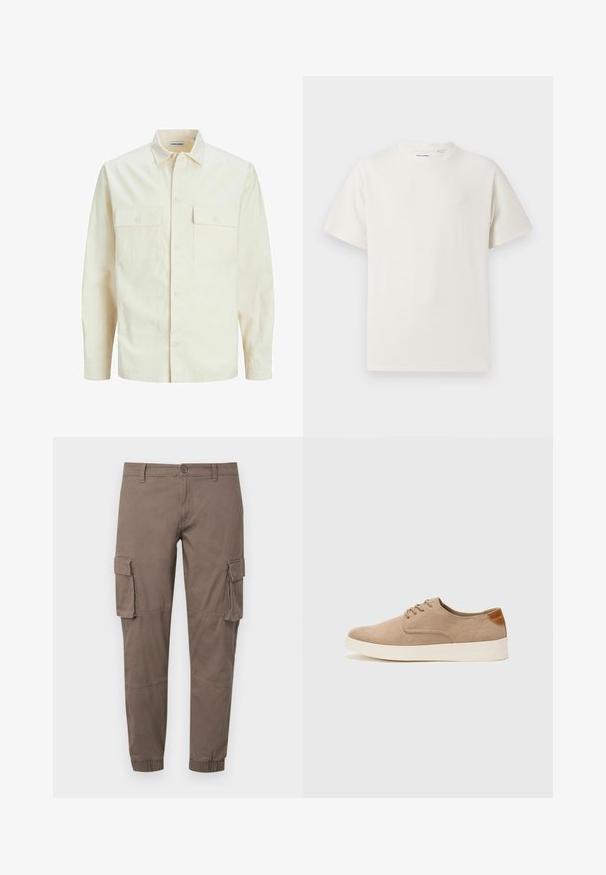 Svijetlo bež košulja dugih rukava s ovratnikom, dva prednja džepa, zatvaranje na dugmad i teksturirani materijal.; Bijela kratka majica s kratkim rukavima u rebrastoj teksturi. Okrugli izrez, ležeran kroj, bez vidljivih uzoraka ili akcenta. Jednostavan i svestran dizajn.; Cargo hlače u prigušenoj smeđoj nijansi, izrađene od lagane tkanine, s više bočnih džepova, elastičnim manžetama i klasičnim kopčanjem na gumb.; Bež nubuk tenisice s okruglim vrhom, vezanjem sprijeda i teksturiranim stražnjim naglaskom. Bijela gumena potpetica pruža kontrast. Jednostavan i moderan dizajn.