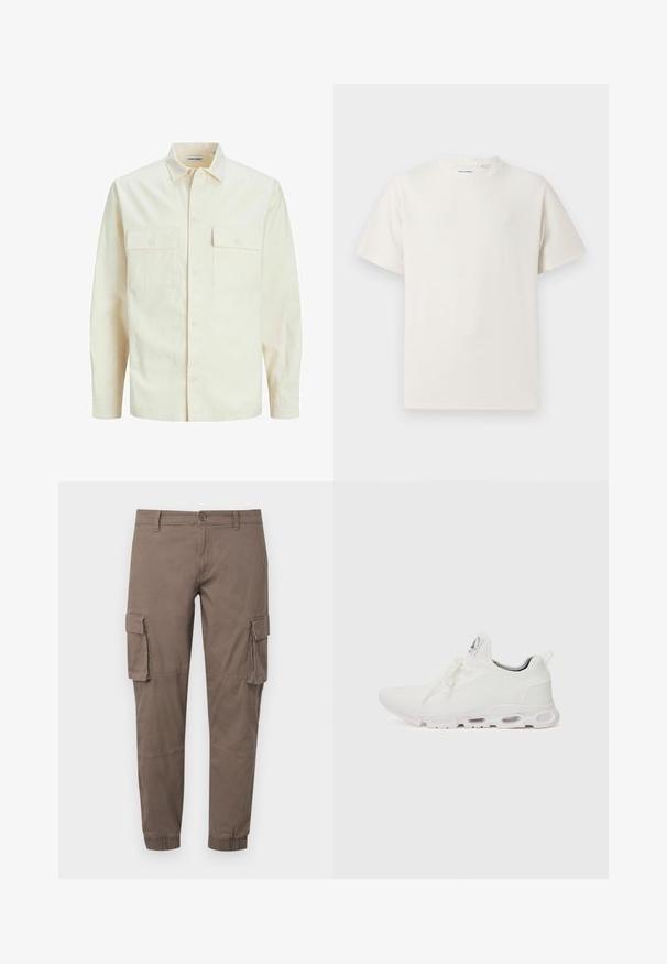 Svijetlo bež košulja dugih rukava s ovratnikom, dva prednja džepa, zatvaranje na dugmad i teksturirani materijal.; Bijela kratka majica s kratkim rukavima u rebrastoj teksturi. Okrugli izrez, ležeran kroj, bez vidljivih uzoraka ili akcenta. Jednostavan i svestran dizajn.; Cargo hlače u prigušenoj smeđoj nijansi, izrađene od lagane tkanine, s više bočnih džepova, elastičnim manžetama i klasičnim kopčanjem na gumb.; Bijele atletske tenisice s gornjim dijelom od teksturiranog pletenog materijala, ravnim vezicama i jastučićem u potplatu s vidljivim zračnim komorama radi dodatne potpore.
