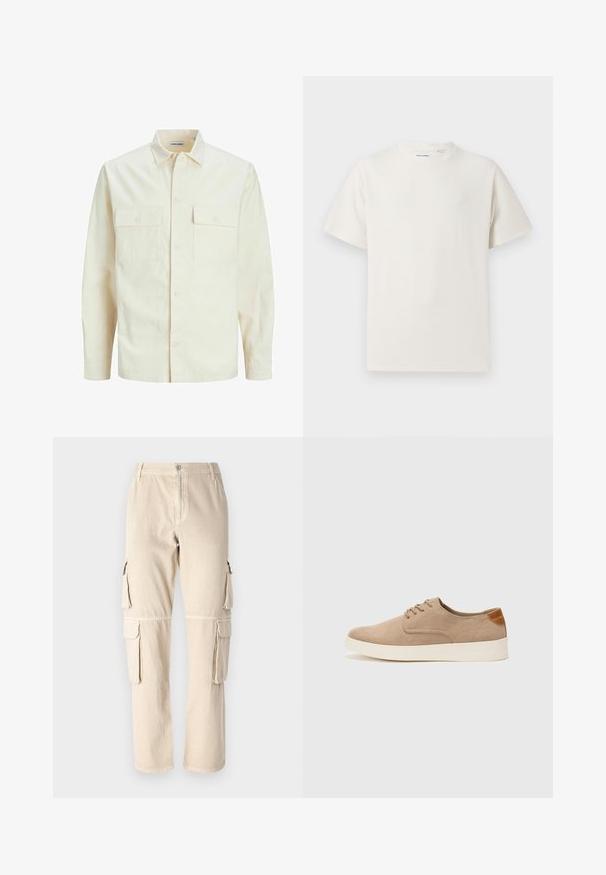 Camicia beige chiaro a maniche lunghe con colletto, due tasche frontali, chiusura a bottoni e un tessuto texturizzato.; T-shirt bianca a maniche corte in texture a coste. Girocollo, vestibilità rilassata, senza modelli o accenti visibili. Design semplice e versatile.; Pantaloni cargo beige in cotone. Caratterizzati da tasche laterali, design a gamba dritta e chiusura con bottone in vita. Dettagli di cucitura semplici.; Sneaker in suede beige con punta arrotondata, stringhe davanti e un accento testurizzato sul retro. La suola in gomma bianca offre un contrasto. Design semplice e moderno.