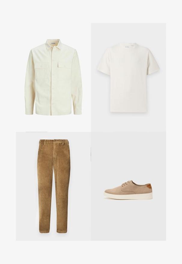 Hellbeige Langarmhemd mit klassischem Kragen, zwei Fronttaschen, Knopfverschluss und strukturiertem Stoff.; Weißes T-Shirt mit kurzen Ärmeln in gerippter Textur. Runder Ausschnitt, lockere Passform, keine sichtbaren Muster oder Akzente. Einfaches und vielseitiges Design.; Braune Cordhosen mit vertikal gerippter Textur, geradem Schnitt, Knopfverschluss und Gürtelschlaufen. Glattes Gewebe mit weicher Oberfläche.; Beige Wildleder-Sneaker mit runder Zehenpartie, Schnürung und strukturiertem Rückenteil. Die weiße Gummisohle sorgt für einen Kontrast. Einfaches und modernes Design.