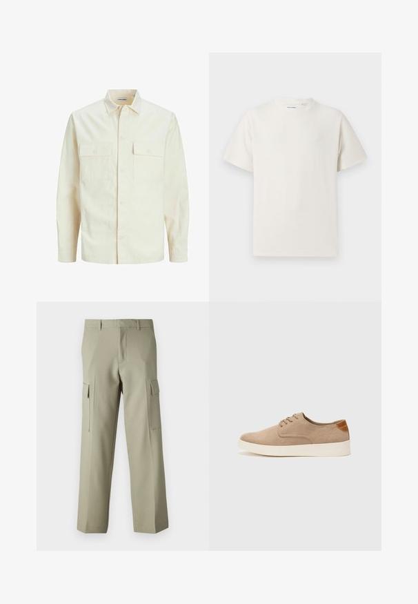 Lys beige langærmet skjorte med krave, to forlommer, knaplukning og et tekstureret stof.; Hvid kortærmet T-shirt i ribbet tekstur. Rund halsudskæring, løs pasform, ingen synlige mønstre eller accenter. Enkel og alsidig design.; Lysgrønne cargo-bukser med lige ben, der har sidelommer og en glat stofoverflade. Bagsiden vises.; Beige ruskinds sneakers med rund tå, snørebånd foran og en struktureret rygdetalje. Hvid gummisål giver kontrast. Enkel og moderne design.