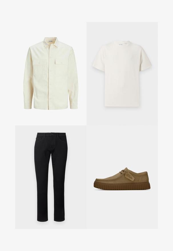Világos bézs színű, hosszú ujjú ing, galléros nyakkal, két elülső zsebbel, gombos záródással és struktúrált anyaggal.; Fehér, rövid ujjú póló bordázott textúrával. Kerek nyakkivágás, laza szabás, nincs látható minta vagy díszítés. Egyszerű és sokoldalú dizájn.; TOM TAILOR TTJOSH Regular - Karcsúsított farmerek - black denim; Világosbarna velúr cipők, lekerekített orral, díszített varrással és bordás barna gumi talppal. Az oldalon található egy címke a "Clarks" logójával.