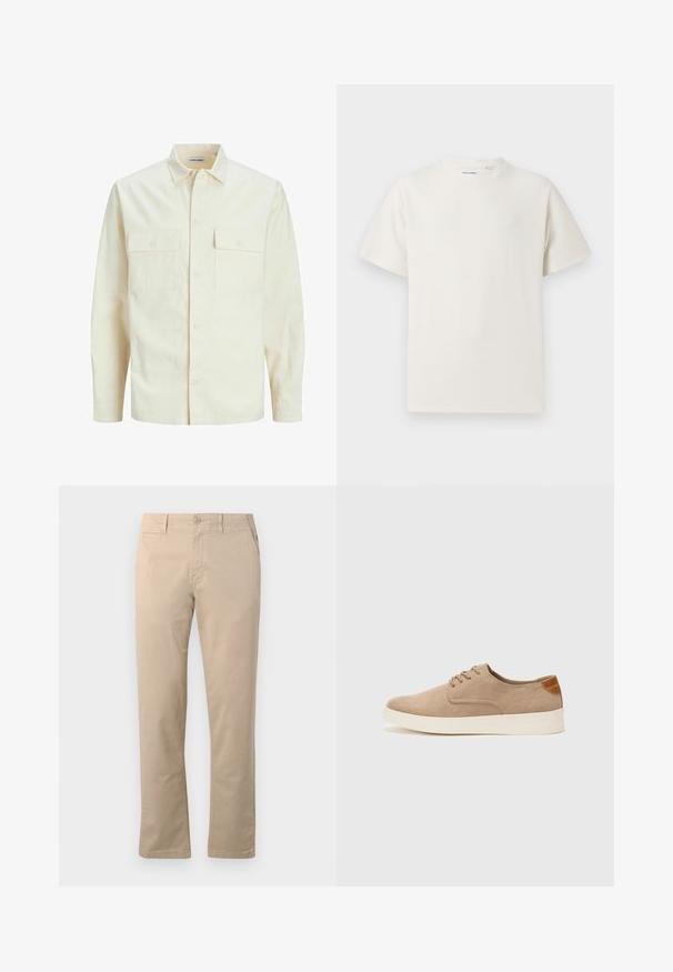 Camicia beige chiaro a maniche lunghe con colletto, due tasche frontali, chiusura a bottoni e un tessuto texturizzato.; T-shirt bianca a maniche corte in texture a coste. Girocollo, vestibilità rilassata, senza modelli o accenti visibili. Design semplice e versatile.; Chinos beige in cotone, con design a gamba dritta, chiusura tradizionale con bottone e tasche laterali con cuciture pulite.; Sneaker in suede beige con punta arrotondata, stringhe davanti e un accento testurizzato sul retro. La suola in gomma bianca offre un contrasto. Design semplice e moderno.