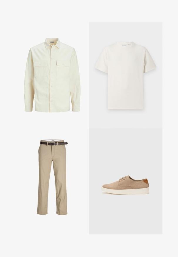 Light beige long-sleeve shirt with a collared neckline, two front pockets, button closure, and a textured fabric.; White short-sleeve T-shirt in a ribbed texture. Round neckline, relaxed fit, no visible patterns or accents. Simple and versatile design.; Beige cotton trousers with a straight cut, featuring belt loops, a brown leather belt, and a classic design. Smooth, sturdy texture.; Beige suede sneakers with a rounded toe, lace-up front, and a textured back accent. White rubber sole provides contrast. Simple and modern design.