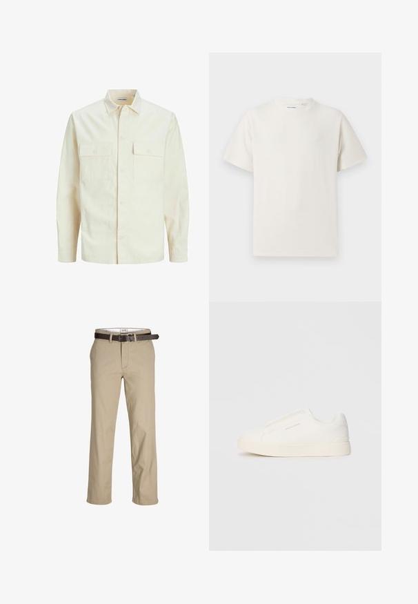 Gai bēšs garām piedurknēm krekls ar apkakles izgriezumu, divām priekšējām kabatām, pogu aizdari un teksturētu audumu.; Balta krūštura īsām piedurknēm ar ribota auduma faktūru. Apaļš kakla izgriezums, brīvs griezums, bez redzamām rakstām vai akcentiem. Vienkāršs un daudzpusīgs dizains.; Beige kokvilnas bikses ar taisnu griezumu, ar jostu cilpiņām, brūnu ādas jostu un klasisku dizainu. Gluda, izturīga tekstūra.; Baltas slip-on sporta apavi ar teksturētu virsmu, biezu zoli un minimālistisku dizainu. Sānos redzams zīmola logotips.