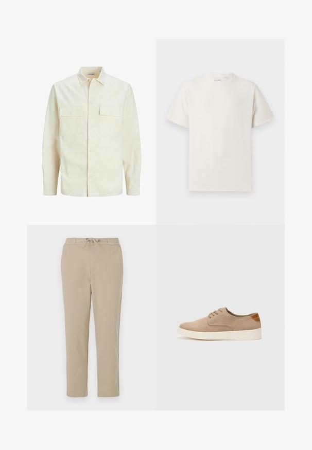 Lichtbeige langemouwen shirt met een kraaghalslijn, twee voorzakken, knoopsluiting en een gestructureerde stof.; Witte korte mouwen T-shirt met ribbelstructuur. Ronde hals, ontspannen pasvorm, geen zichtbare patronen of accenten. Eenvoudig en veelzijdig ontwerp.; Beige loungebroeken met een elastische tailleband en trekkoord, met een recht model en een zachte, gladde textuur.; Beige suède sneakers met een ronde neus, vetersluiting aan de voorkant en een getextureerde achteraccent. De witte rubberen zool zorgt voor contrast. Eenvoudig en modern ontwerp.