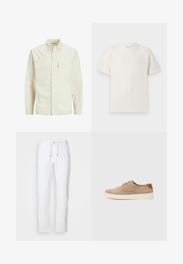 Svetlo bež srajca z dolgimi rokavi, ovratnim izrezom, dvema sprednjima žepoma, zapenjanjem na gumbe in teksturirano tkanino.; Bela majica s kratkimi rokavi iz rebraste tkanine. Okrogli izrez, sproščen kroj, brez vidnih vzorcev ali naglasov. Preprosta in vsestranska zasnova.; Bela lanena hlače s sproščenim krojem, pasom z vrvico in subtilno teksturo. Imajo ravne hlačnice in kovinske konice na vrvici.; Bež tkanine usnjene superge z zaobljenim nosom, vezalkami na sprednji strani in teksturiranim zadnjim detajlom. Belo gumijasto podplato zagotavlja kontrast. Enostaven in sodoben dizajn.