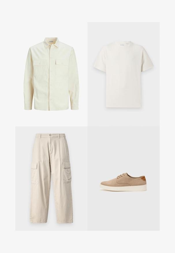 Svetlo béžová košeľa s dlhým rukávom, s golierom, dvoma prednými vreckami, zapínaním na gombíky a textúrovanou látkou.; Biela krátka tričko s krátkym rukávom so žebrovanou textúrou. Okrúhly výstrih, uvoľnený strih, žiadne viditeľné vzory ani akcenty. Jednoduchý a všestranný dizajn.; Béžové cargo nohavice vyrobené z bavlny, s bočnými vreckami, rovný strih, zapínanie na gombík a mäkká, textúrovaná tkanina.; Béžové semišové tenisky s okrúhlou špičkou, šnurovaním vpredu a textúrovaným zadným akcentom. Biela gumová podrážka poskytuje kontrast. Jednoduchý a moderný dizajn.
