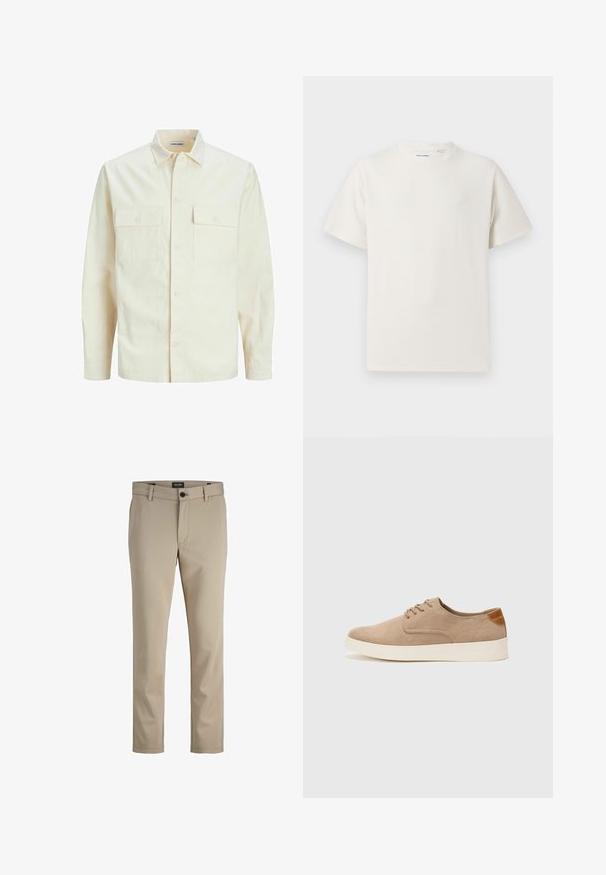 Svetlo bež srajca z dolgimi rokavi, ovratnim izrezom, dvema sprednjima žepoma, zapenjanjem na gumbe in teksturirano tkanino.; Bela majica s kratkimi rokavi iz rebraste tkanine. Okrogli izrez, sproščen kroj, brez vidnih vzorcev ali naglasov. Preprosta in vsestranska zasnova.; Bež hlace iz gladkega materiala, s poudarjenim sprednjim delom, z gumbom in ravnimi nogavami, ki vsebujejo subtilne šive.; Bež tkanine usnjene superge z zaobljenim nosom, vezalkami na sprednji strani in teksturiranim zadnjim detajlom. Belo gumijasto podplato zagotavlja kontrast. Enostaven in sodoben dizajn.