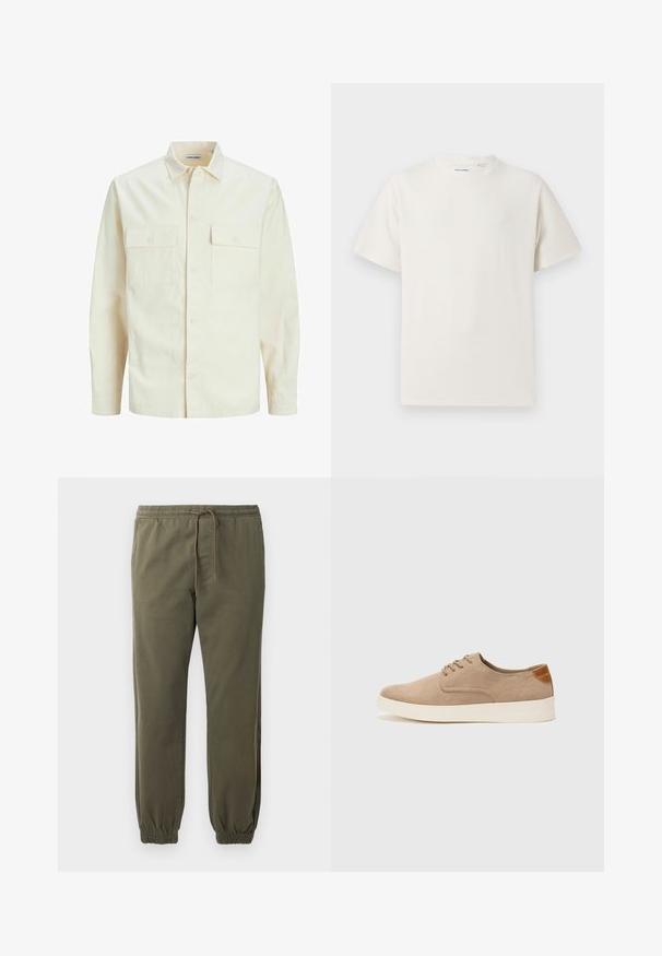 Hellbeige Langarmhemd mit klassischem Kragen, zwei Fronttaschen, Knopfverschluss und strukturiertem Stoff.; Weißes T-Shirt mit kurzen Ärmeln in gerippter Textur. Runder Ausschnitt, lockere Passform, keine sichtbaren Muster oder Akzente. Einfaches und vielseitiges Design.; Olivgrüne Jogginghosen aus weichem Stoff, mit elastischem Bund, Kordelzug und elastischen Bündchen an den Knöcheln.; Beige Wildleder-Sneaker mit runder Zehenpartie, Schnürung und strukturiertem Rückenteil. Die weiße Gummisohle sorgt für einen Kontrast. Einfaches und modernes Design.