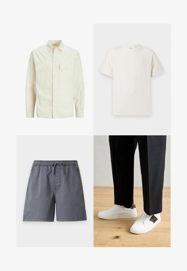 Světle béžová košile s dlouhým rukávem, límečkem, dvěma předními kapsami, zapínáním na knoflíky a strukturovanou tkaninou.; Bílý krátký rukáv tričko s pružnou strukturou. Kulatý výstřih, volný střih, bez viditelných vzorů nebo detailů. Jednoduchý a univerzální design.; Šedé plavkové šortky vyrobené z lehkého materiálu, s elastickým pasem na šňůrku, bočními kapsami a volným střihem.; Bílé tenisky s hladkým povrchem, s hnědými koženými akcenty a černými detaily, kombinované s černými kalhotami na míru. Pozadí tvoří dřevěná podlaha.